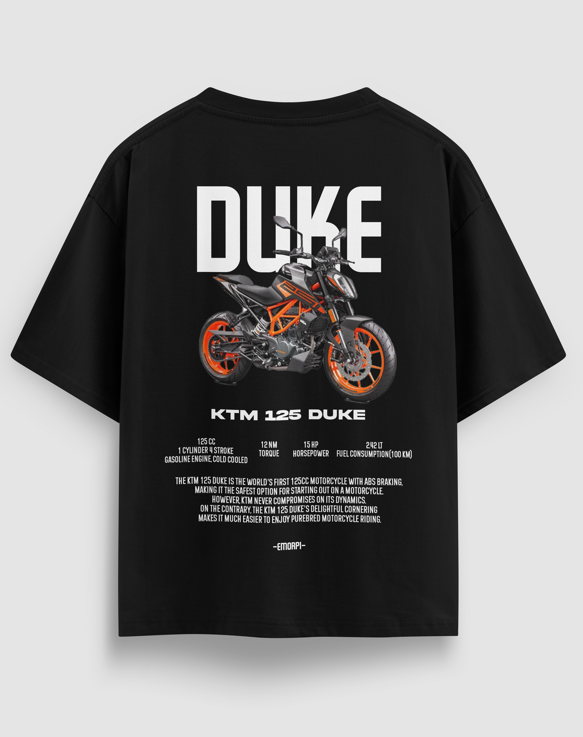 KTM 125 Duke baskılı motorcu tişört, siyah, arkadan görünüm. KTM 125 Duke çizimli renkli sırt baskısı