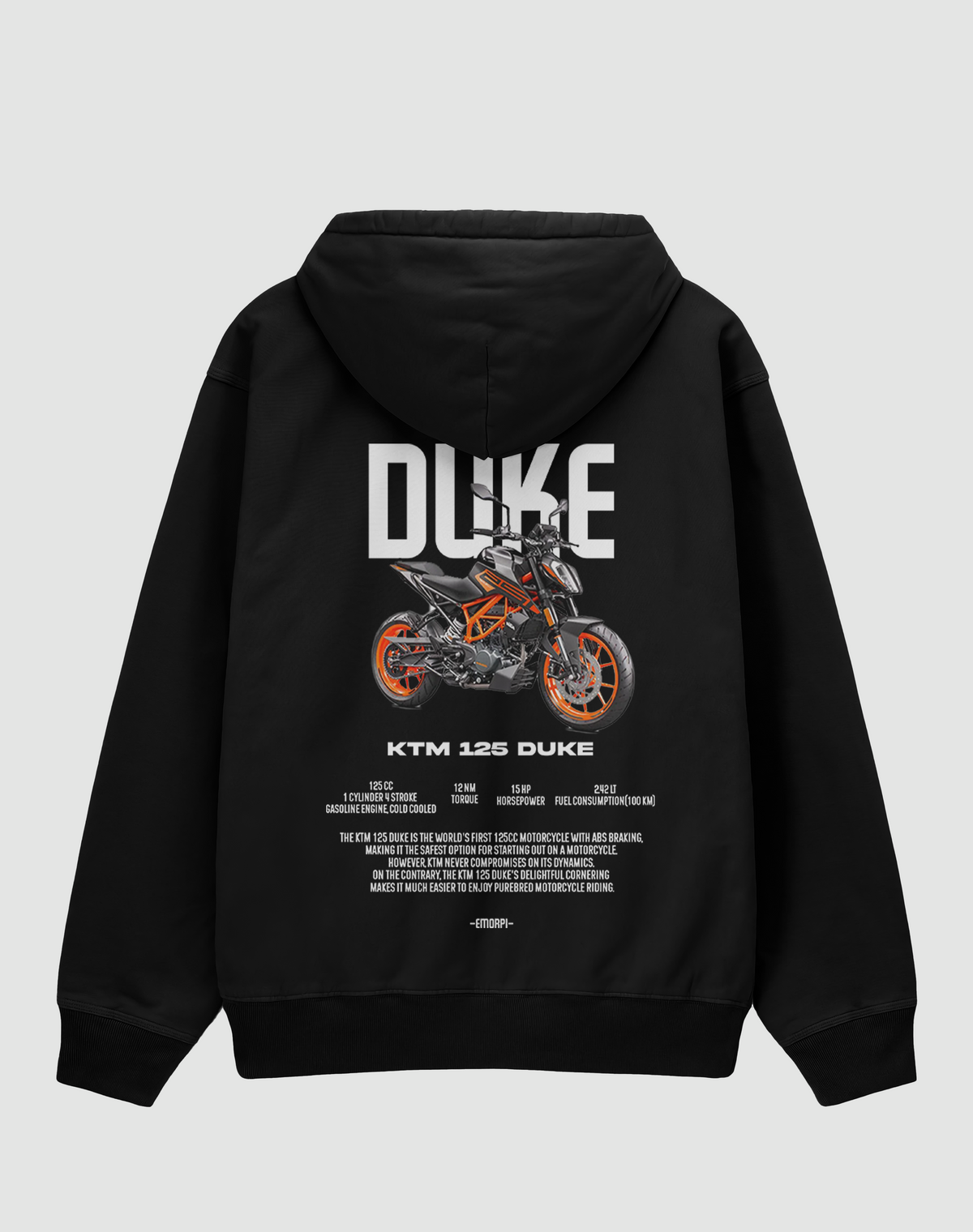 KTM Duke baskılı oversize motorcu hoodie, siyah, arkadan görünüm. KTM 125 Duke çizimli sırt baskısı