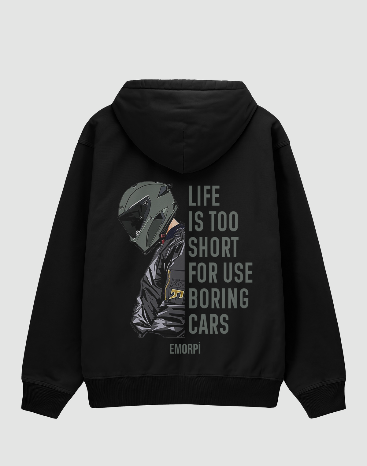Life is too Short baskılı oversize motorcu hoodie, siyah, arkadan görünüm. Kasklı motorcu ve LIFE IS TOO SHORT sırt baskısı