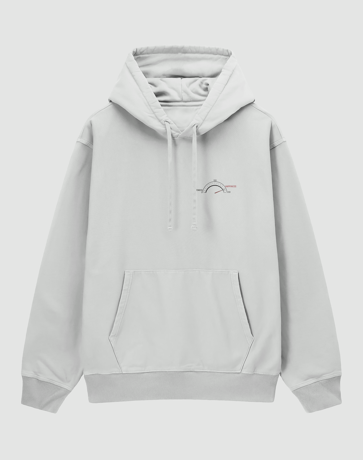 Limitless baskılı oversize hoodie, beyaz, önden görünüm. Göğüste EMPTINESS'tan HAPPINESS'a hız göstergesi baskısı