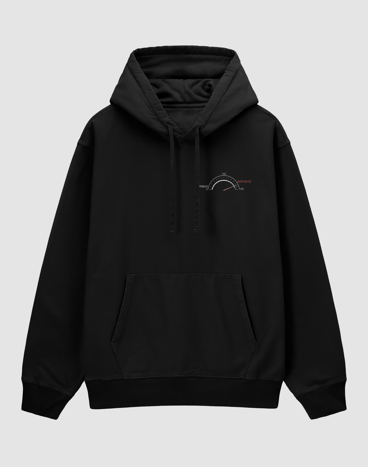 Limitless baskılı oversize hoodie, siyah, önden görünüm. Göğüste EMPTINESS'tan HAPPINESS'a hız göstergesi baskısı