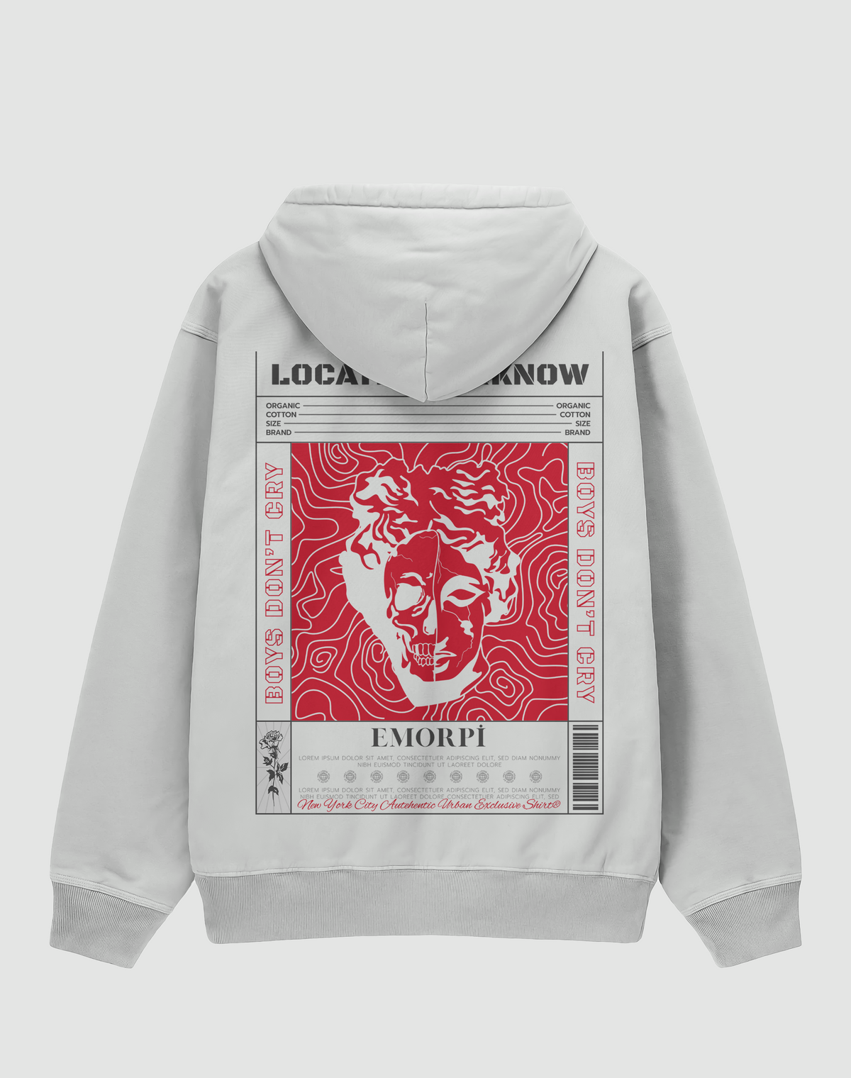 Location baskılı oversize hoodie, beyaz, arkadan görünüm. Kırmızı heykel ve kurukafa sırt baskısı