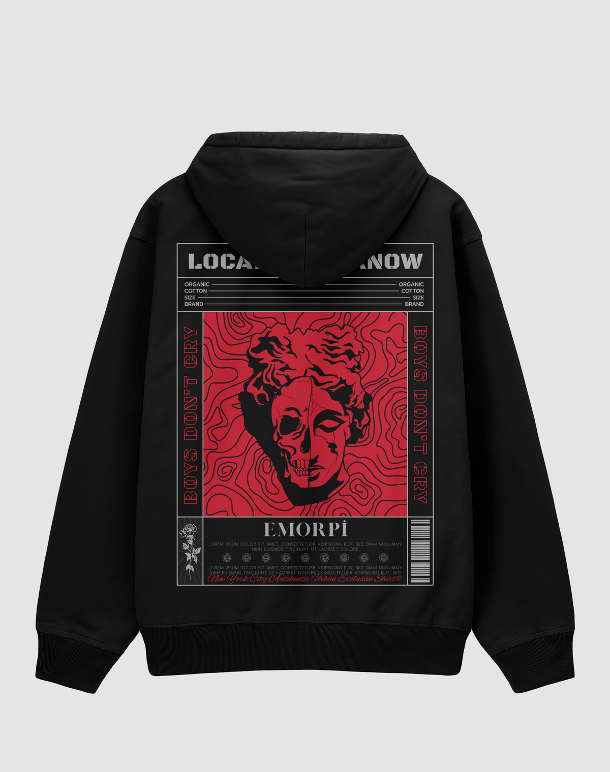 Location baskılı oversize hoodie, siyah, arkadan görünüm. Kırmızı heykel ve kurukafa sırt baskısı