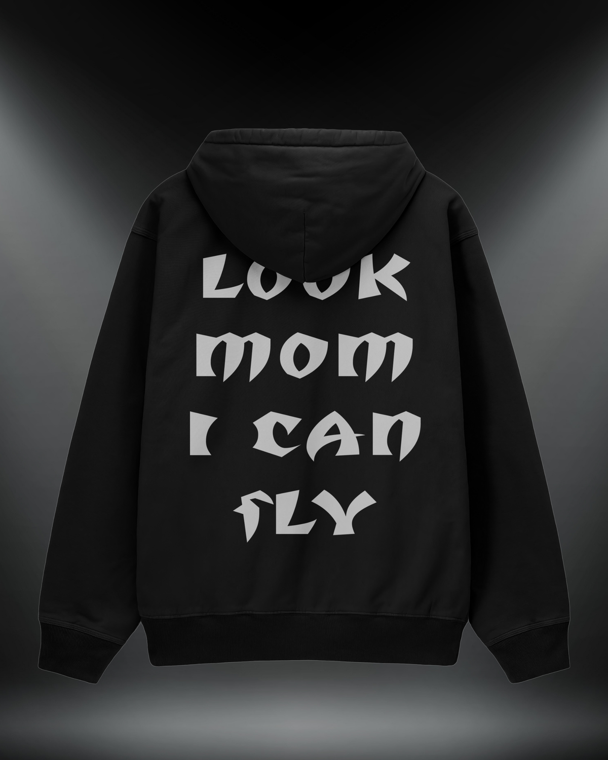 Look Mom I Can Fly reflektörlü oversize motorcu hoodie, siyah, sırtta Look Mom I Can Fly yazısı
