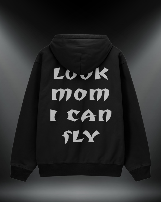 Look Mom I Can Fly reflektörlü oversize motorcu hoodie, siyah, sırtta Look Mom I Can Fly yazısı