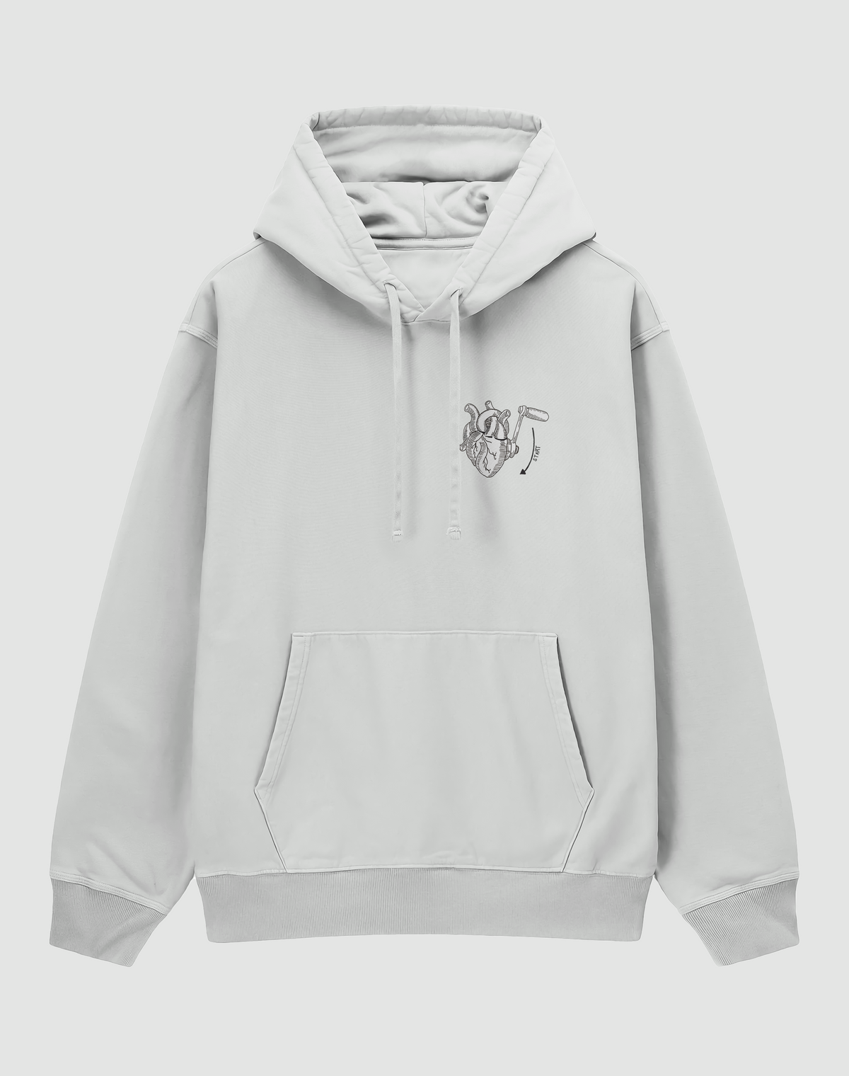 Manuel Heart baskılı oversize hoodie, beyaz, önden görünüm. Göğüste manivelalı anatomik kalp baskısı