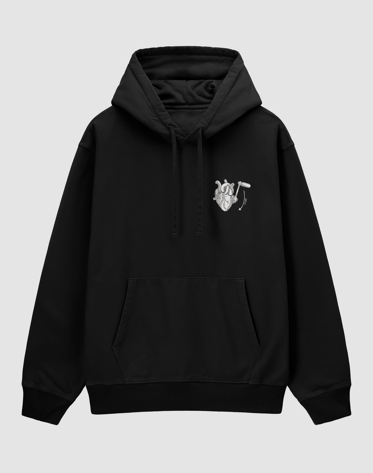 Manuel Heart baskılı oversize hoodie, siyah, önden görünüm. Göğüste manivelalı anatomik kalp baskısı