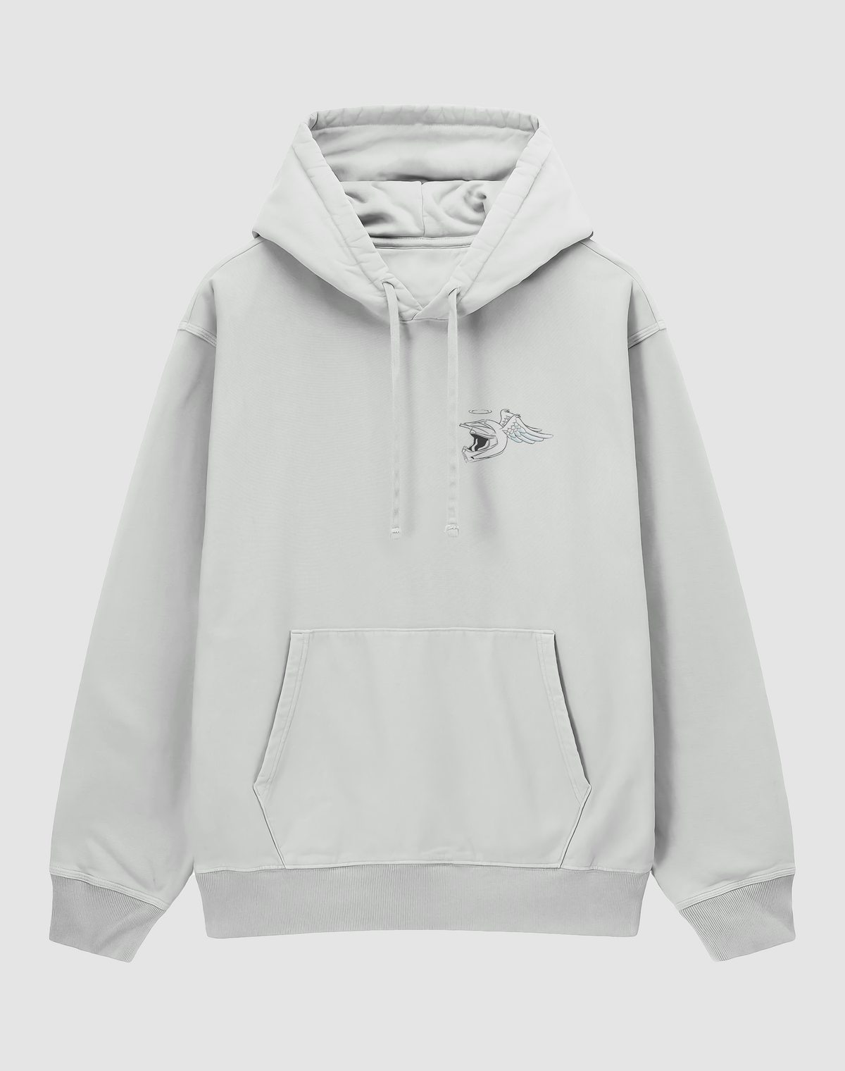Melek Kaskı baskılı oversize hoodie, beyaz, önden görünüm. Göğüste kanatlı ve haleli kask baskısı