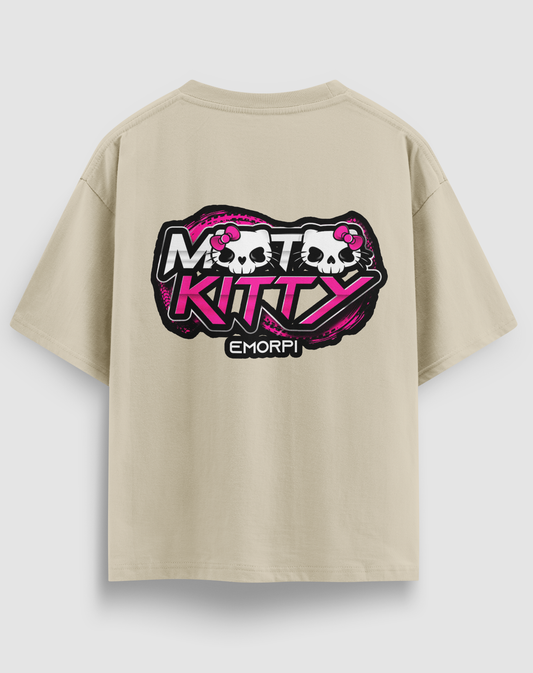 Moto Kitty baskılı motorcu tişört, bej, arkadan görünüm. Pembe MOTO KITTY yazısı ve kedi kurukafası sırt baskısı