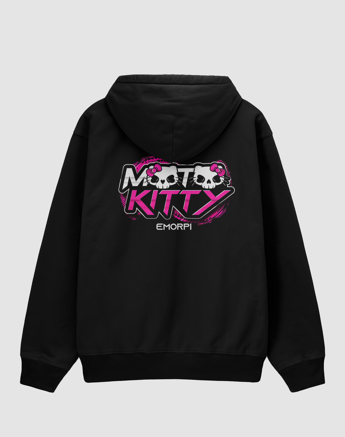 Moto Kitty baskılı oversize hoodie, siyah, arkadan görünüm. Pembe MOTO KITTY yazısı ve kedi kurukafası sırt baskısı