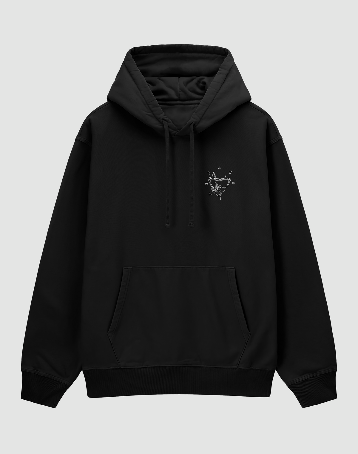 Motor Saati baskılı oversize hoodie, siyah, önden görünüm. Göğüste gözlüklü sürücü ve vites sırası baskısı