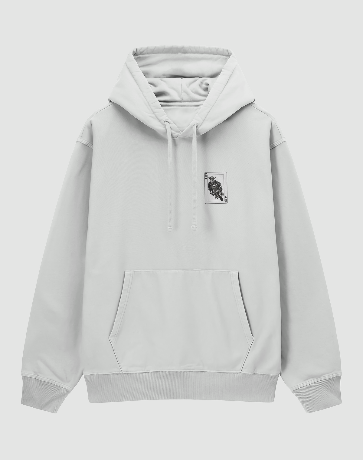 Motorcu İskambil baskılı oversize hoodie, beyaz, önden görünüm. Göğüste iskelet motorculu papaz kartı baskısı