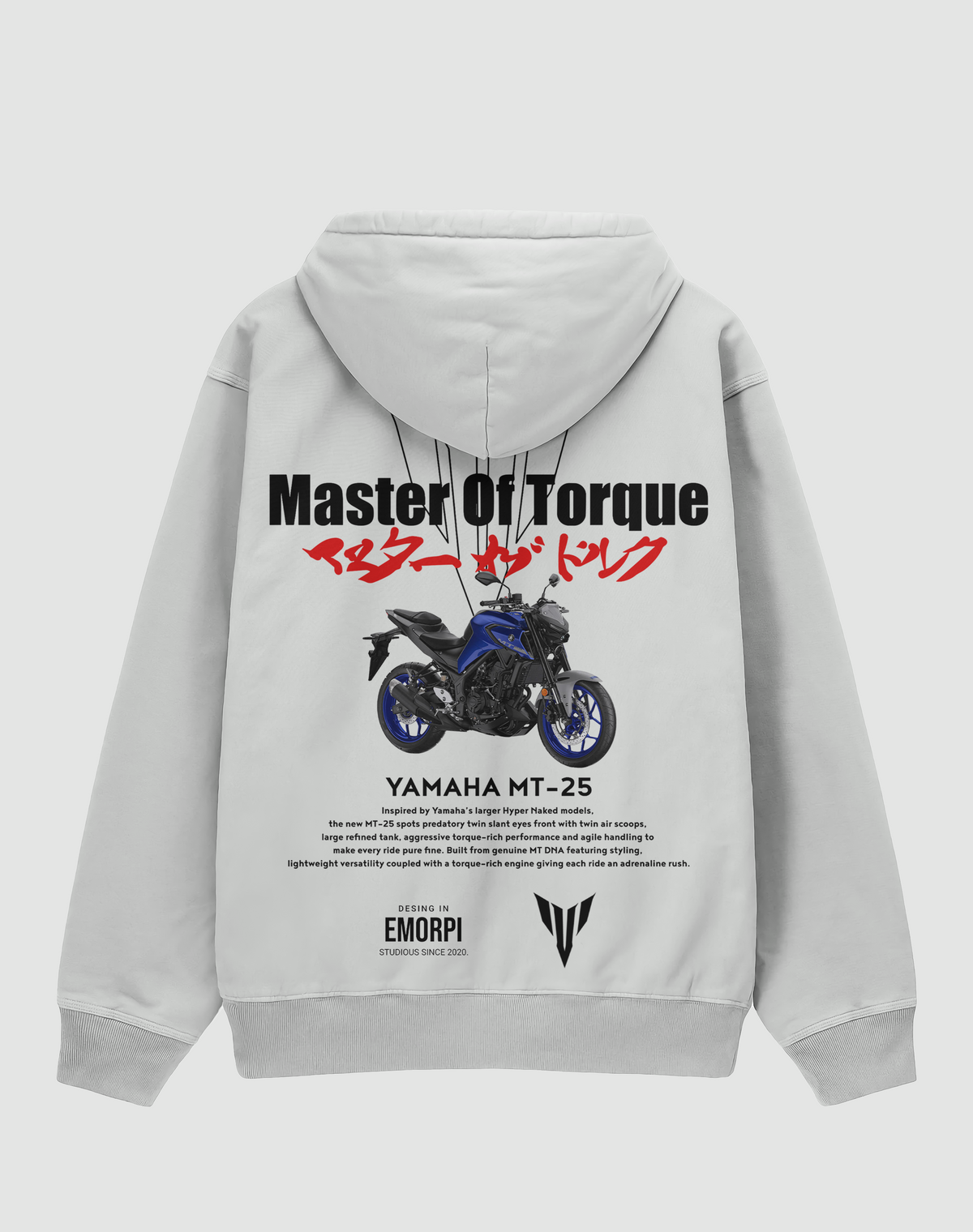 MT-25 baskılı oversize hoodie, beyaz, arkadan görünüm. Yamaha MT-25 çizimli Master Of Torque sırt baskısı, önde küçük logo