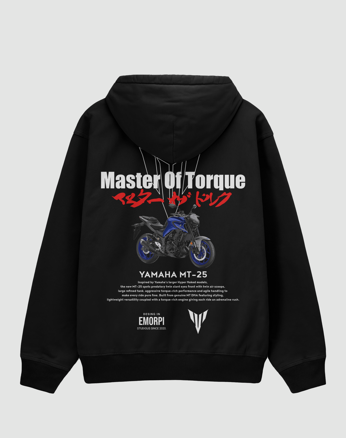 MT-25 baskılı oversize hoodie, siyah, arkadan görünüm. Yamaha MT-25 çizimli Master Of Torque sırt baskısı, önde küçük logo