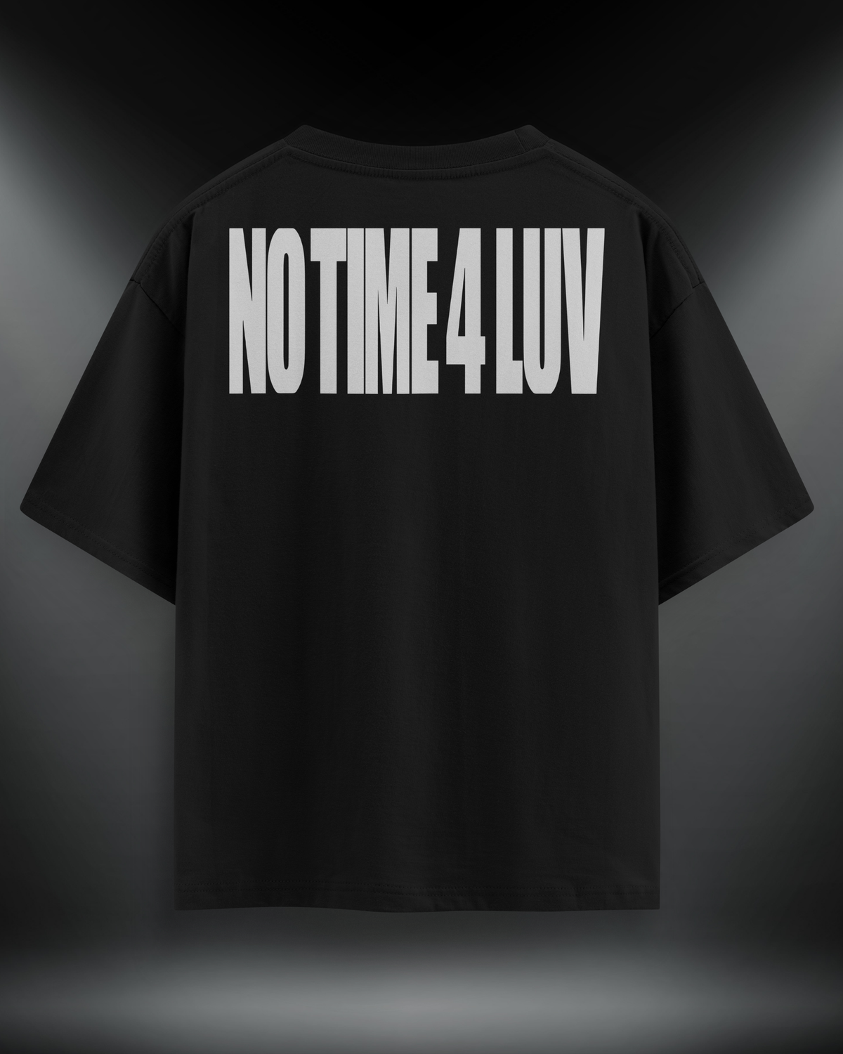 No Time 4 Luv reflektör baskılı motorcu tişört, siyah, arkadan görünüm. Reflektörlü NO TIME 4 LUV sırt yazısı
