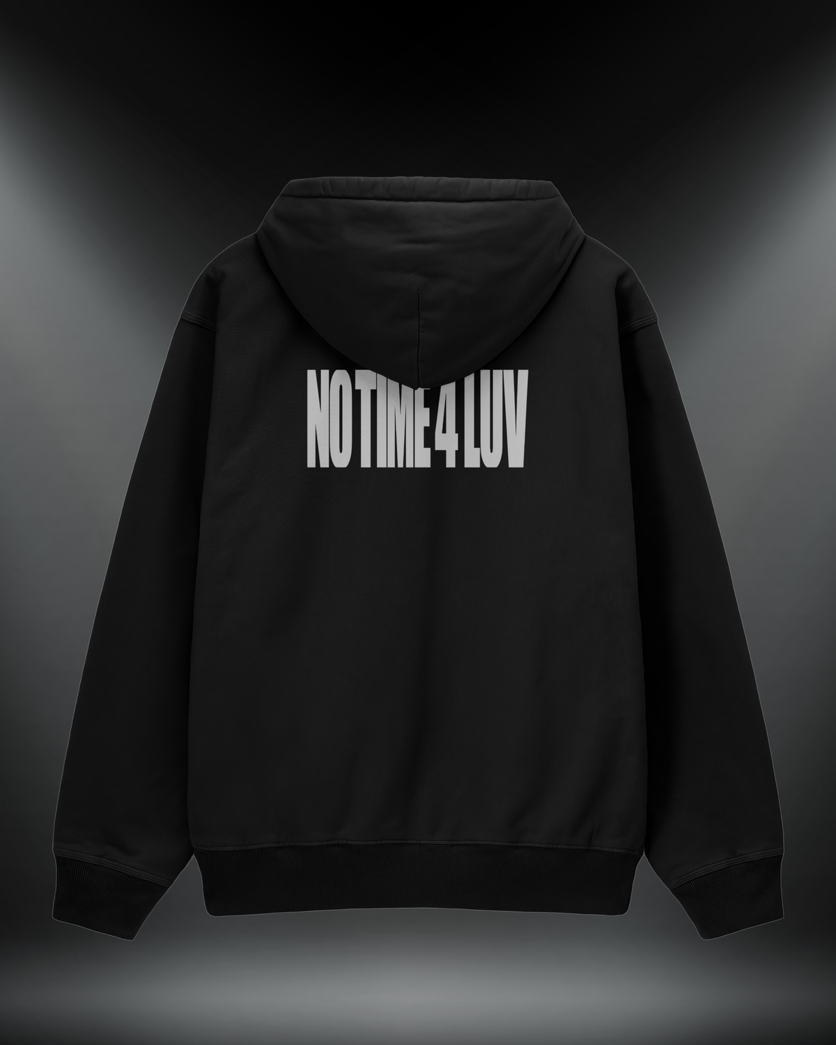 No Time 4 Luv reflektörlü oversize motorcu hoodie, siyah, arkadan görünüm. Reflektörlü NO TIME 4 LUV sırt yazısı, gece görünürlük