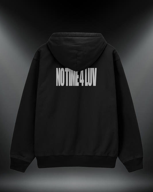 No Time 4 Luv reflektörlü oversize motorcu hoodie, siyah, arkadan görünüm. Reflektörlü NO TIME 4 LUV sırt yazısı, gece görünürlük