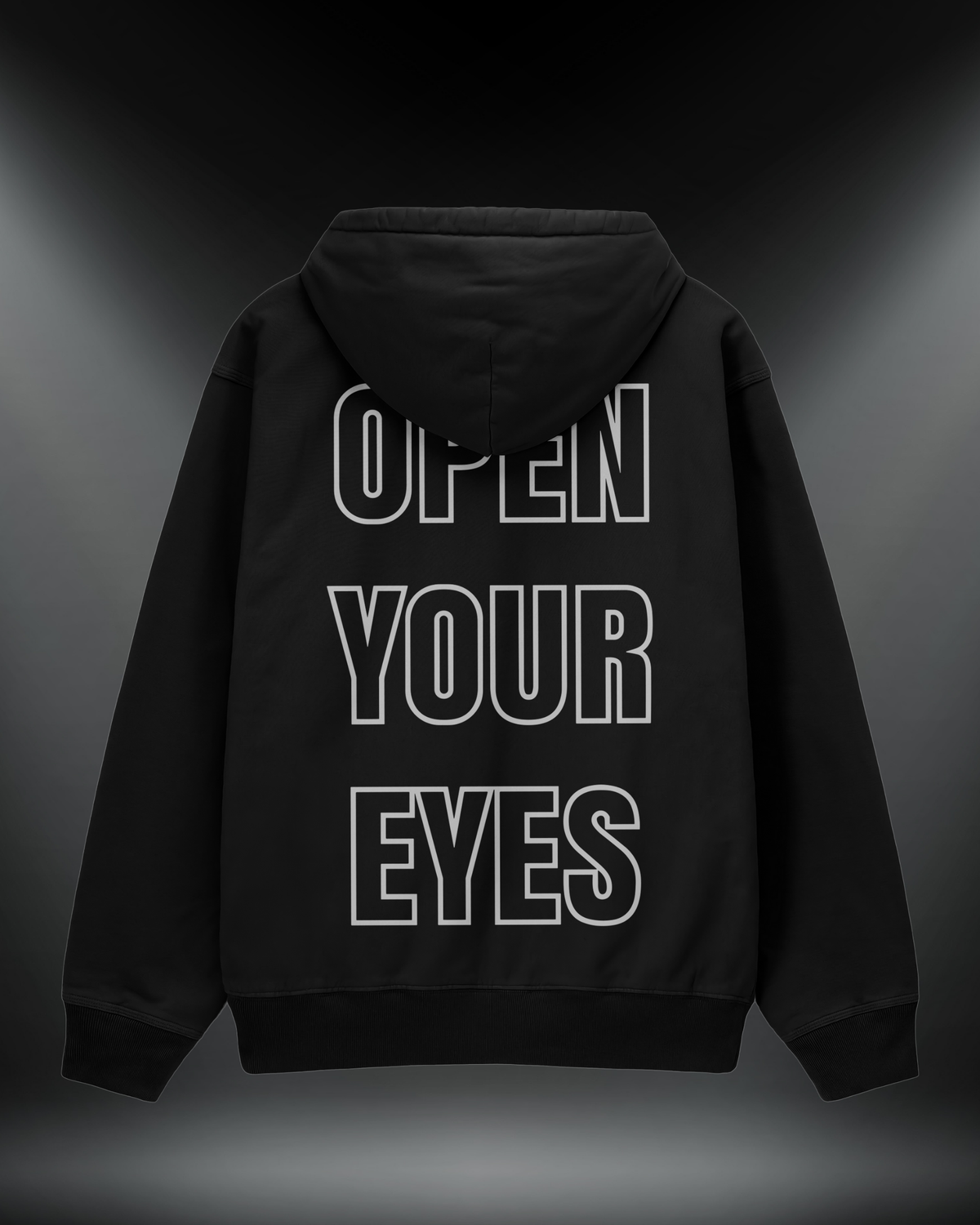 Open Your Eyes reflektörlü oversize motorcu hoodie, siyah, arkadan görünüm. Reflektörlü OPEN YOUR EYES sırt yazısı, gece görünürlük