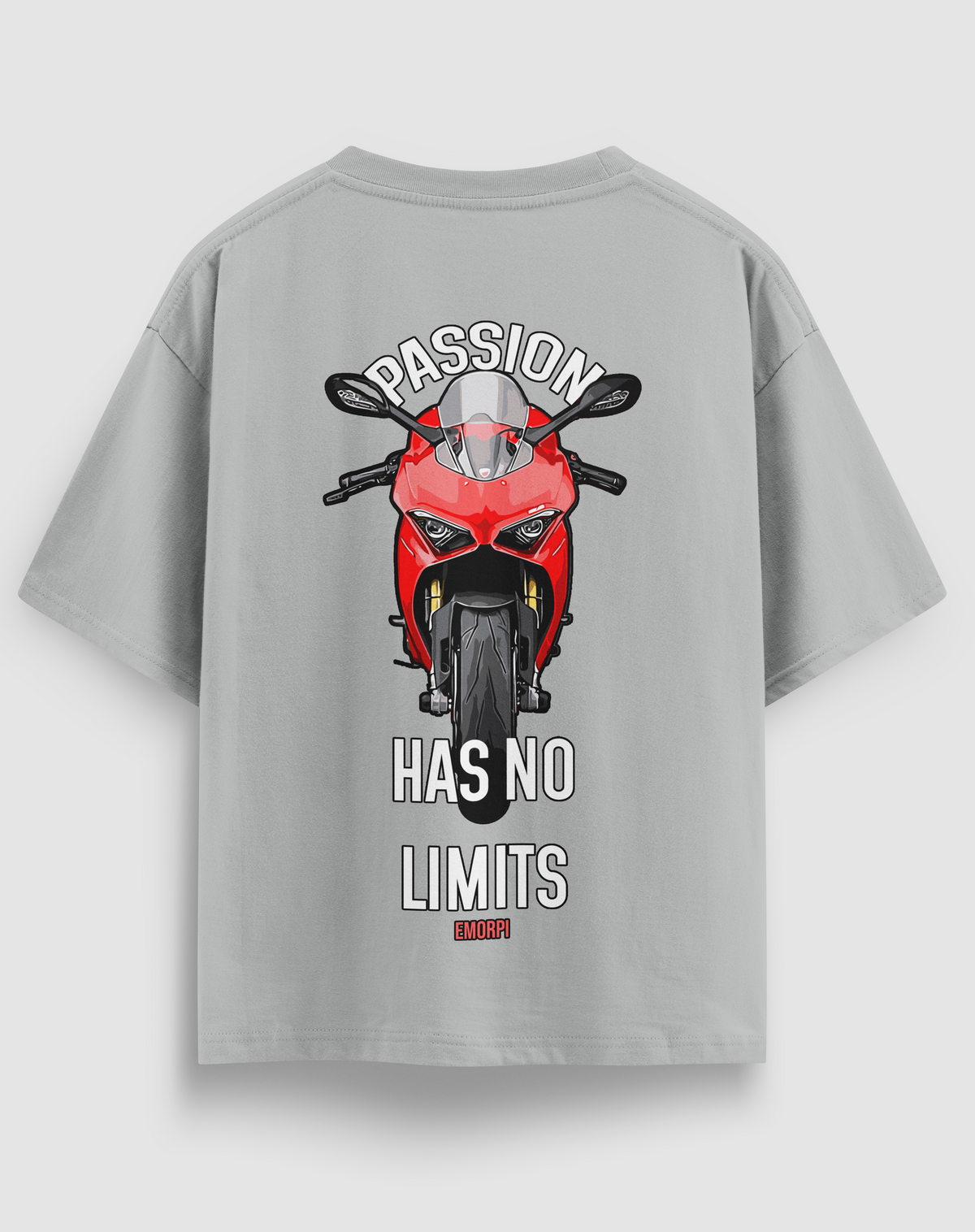 Passion Has No Limits baskılı motorcu tişört, gri, arkadan görünüm. Önden kırmızı motosiklet ve PASSION HAS NO LIMITS sırt baskısı