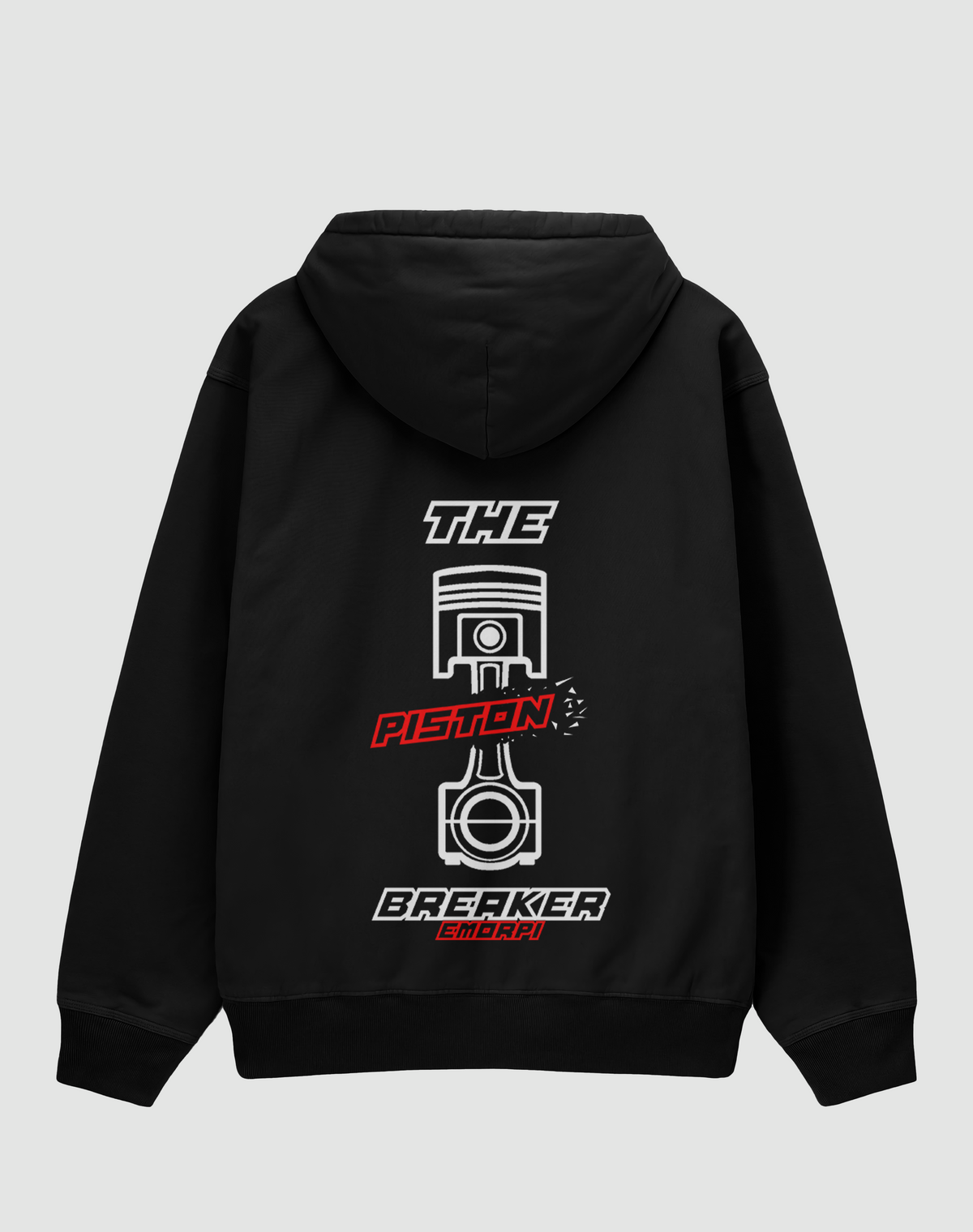 Piston Breaker baskılı oversize motorcu hoodie, siyah, arkadan görünüm. THE PISTON BREAKER yazılı piston sırt baskısı, önde küçük logo