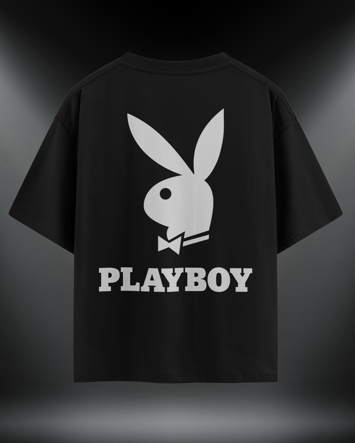 Playboy reflektör baskılı motorcu tişört, siyah, arkadan görünüm. Reflektörlü tavşan logosu ve PLAYBOY yazısı
