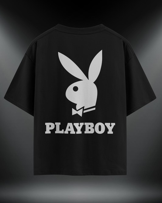 Playboy reflektör baskılı motorcu tişört, siyah, arkadan görünüm. Reflektörlü tavşan logosu ve PLAYBOY yazısı
