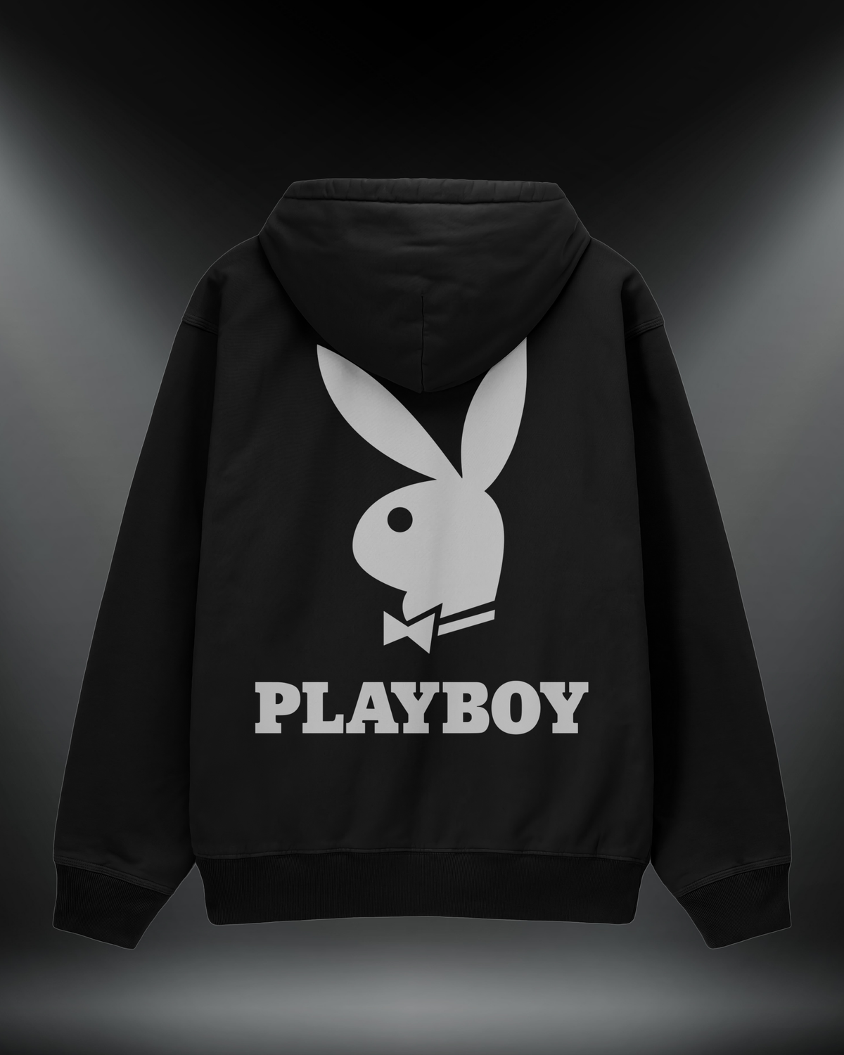Playboy reflektörlü oversize motorcu hoodie, siyah, arkadan görünüm. Reflektörlü tavşan logosu ve PLAYBOY yazısı, gece görünürlük