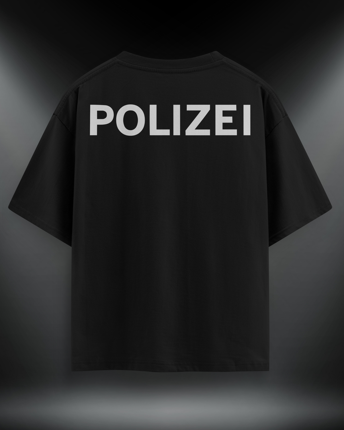 Polizei reflektör baskılı motorcu tişört, siyah, sırtta POLIZEI yazısı