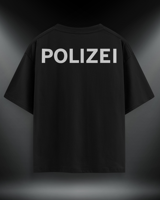 Polizei reflektör baskılı motorcu tişört, siyah, sırtta POLIZEI yazısı