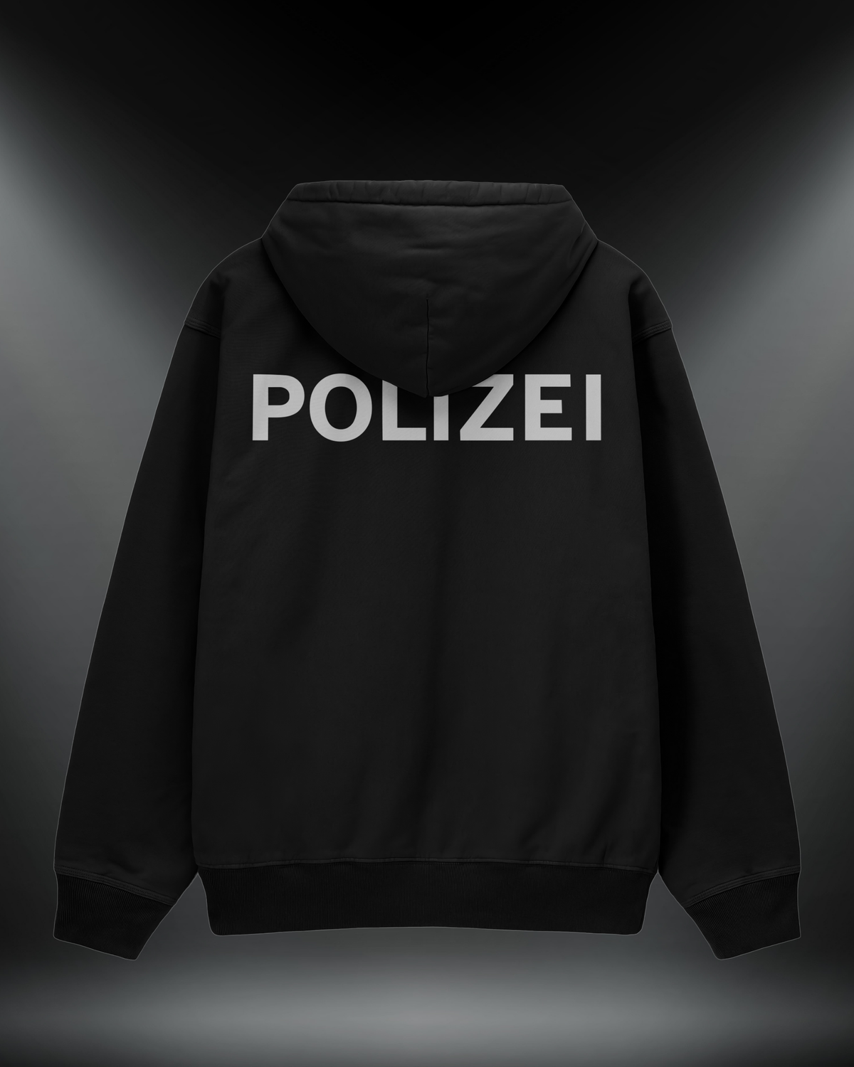POLIZEI reflektörlü oversize motorcu hoodie, siyah, arkadan görünüm. Reflektörlü POLIZEI yazısı, gece görünürlük
