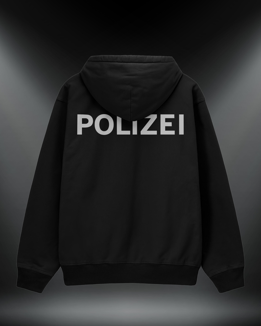 POLIZEI reflektörlü oversize motorcu hoodie, siyah, arkadan görünüm. Reflektörlü POLIZEI yazısı, gece görünürlük