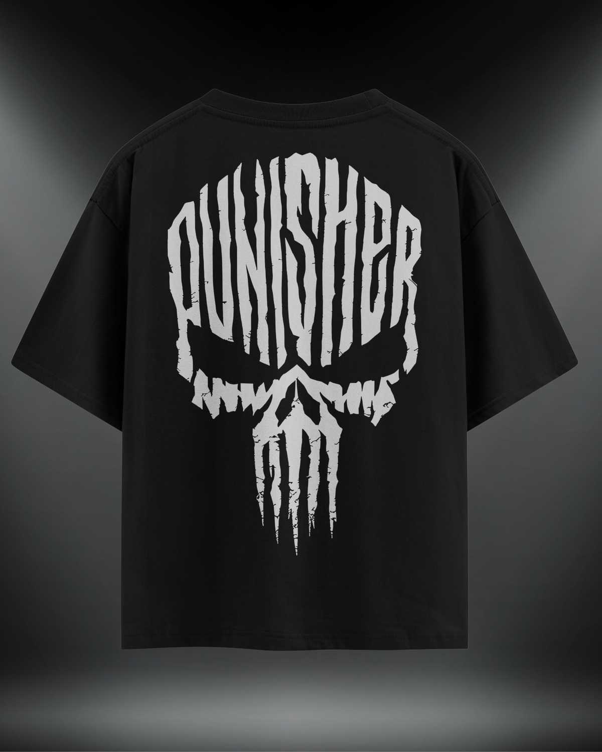 Punisher reflektör baskılı motorcu tişört, siyah, sırtta Punisher kurukafa baskısı
