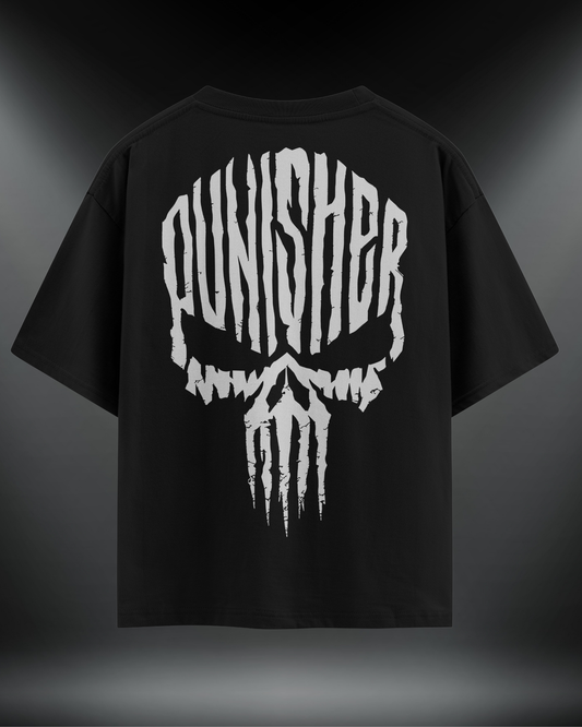 Punisher reflektör baskılı motorcu tişört, siyah, sırtta Punisher kurukafa baskısı