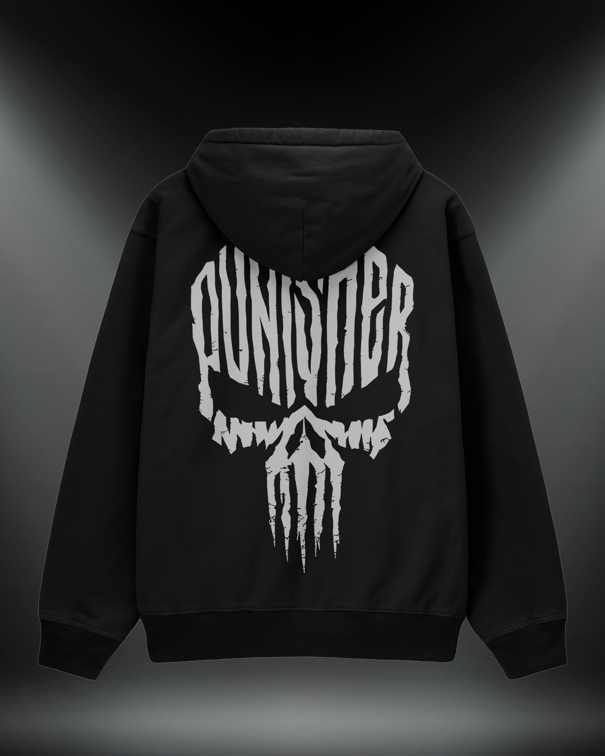 Punisher reflektörlü oversize motorcu hoodie, siyah, sırtta Punisher kurukafa baskısı