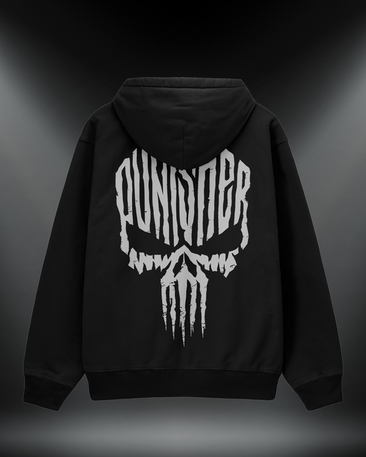 Punisher reflektörlü oversize motorcu hoodie, siyah, sırtta Punisher kurukafa baskısı