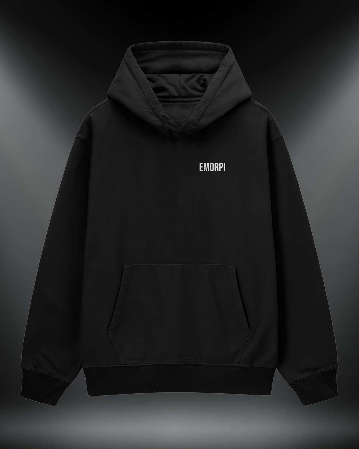 Punisher reflektörlü oversize motorcu hoodie, siyah, önden görünüm, göğüste Emorpi yazısı