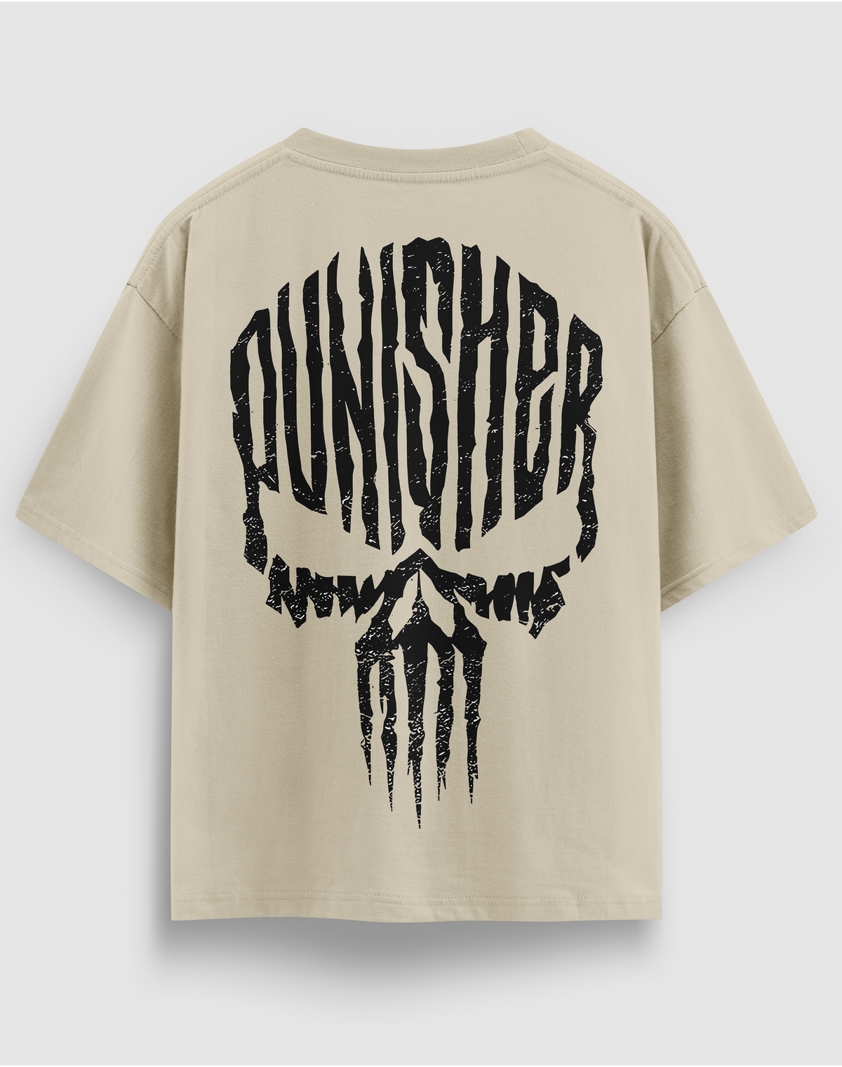 Punisher tasarım baskılı motorcu tişört, bej, arkadan görünüm, sırtta Punisher kurukafa baskısı
