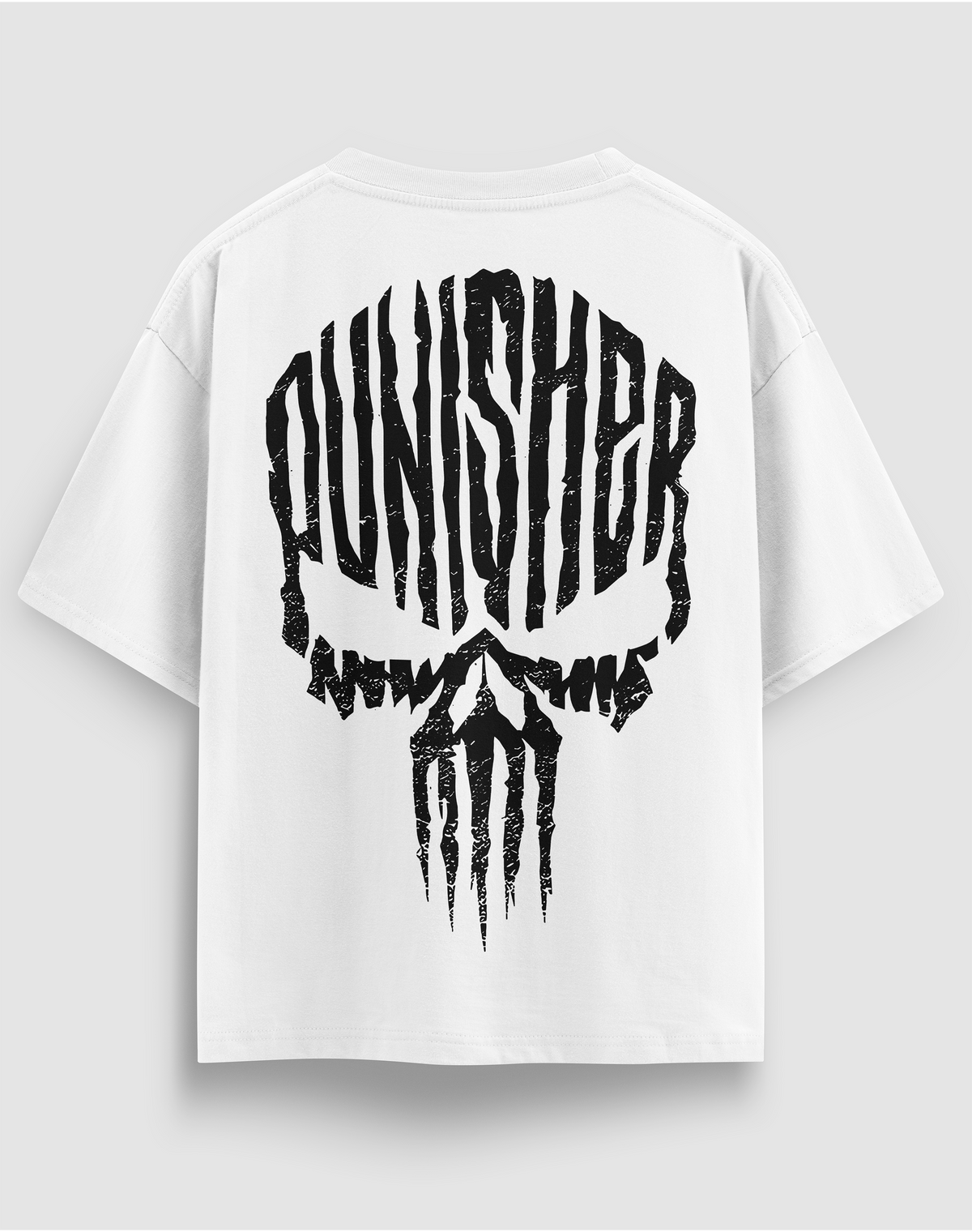 Punisher tasarım baskılı motorcu tişört, beyaz, arkadan görünüm, sırtta Punisher kurukafa baskısı