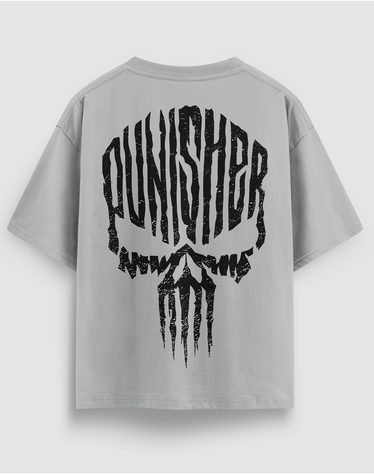 Punisher tasarım baskılı motorcu tişört, gri, arkadan görünüm, sırtta Punisher kurukafa baskısı
