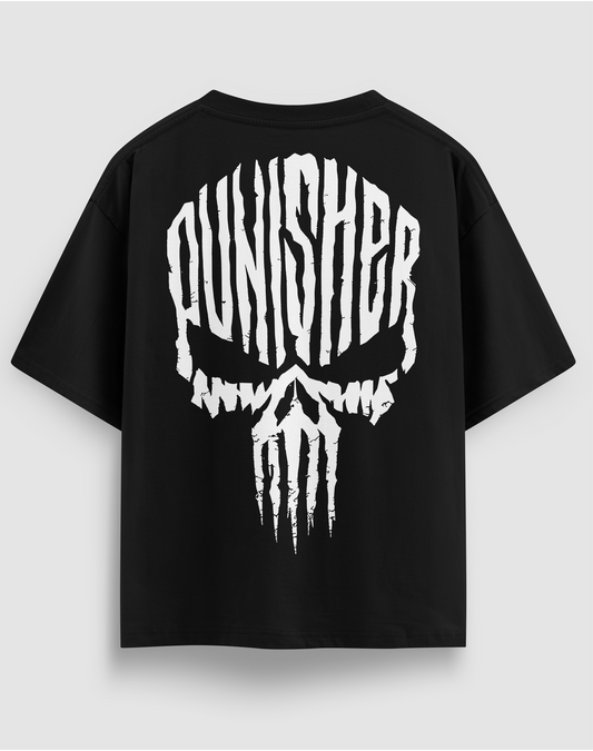 Punisher tasarım baskılı motorcu tişört, siyah, arkadan görünüm, sırtta Punisher kurukafa baskısı