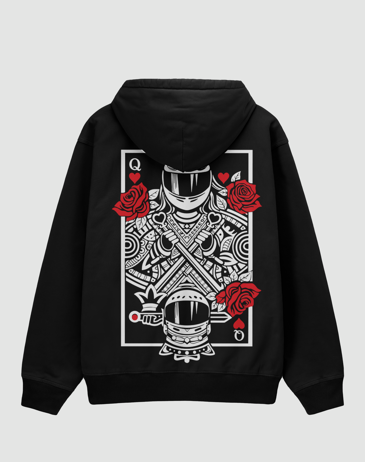 QUEEN baskılı oversize motorcu hoodie, siyah, arkadan görünüm. Kırmızı güllü Queen kartı sırt baskısı