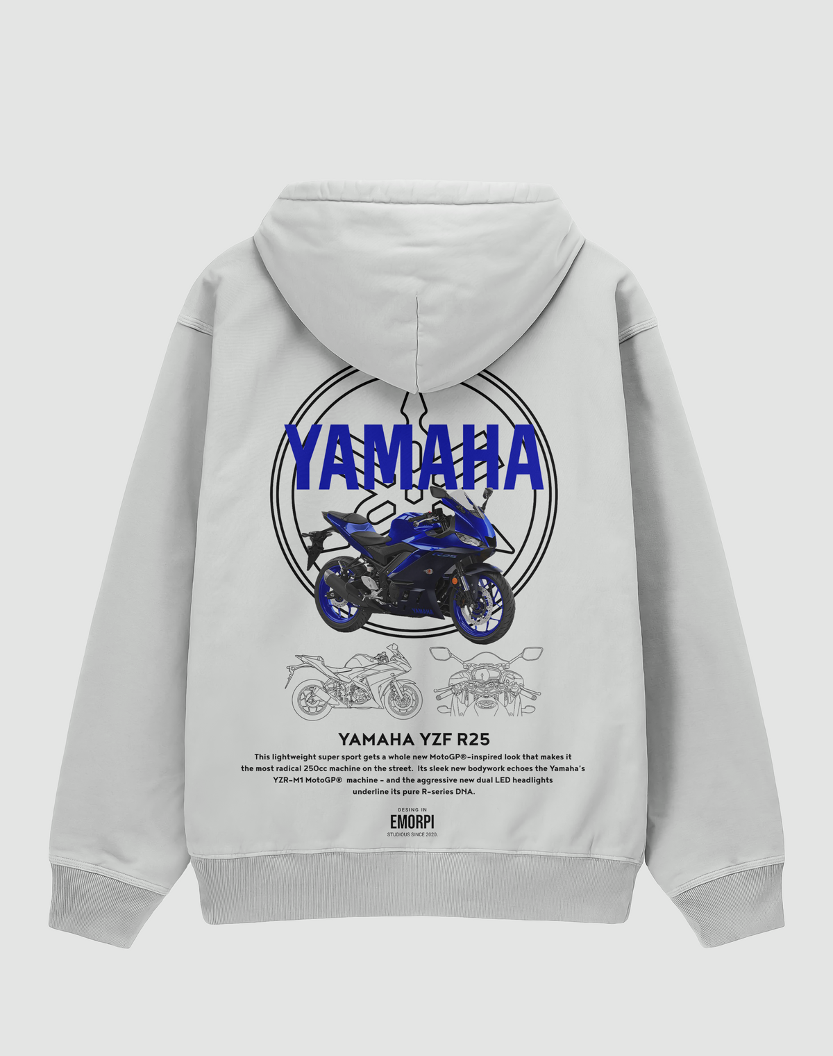 R25 baskılı oversize hoodie, beyaz, arkadan görünüm. Yamaha YZF-R25 çizimli sırt baskısı, önde R25 logosu