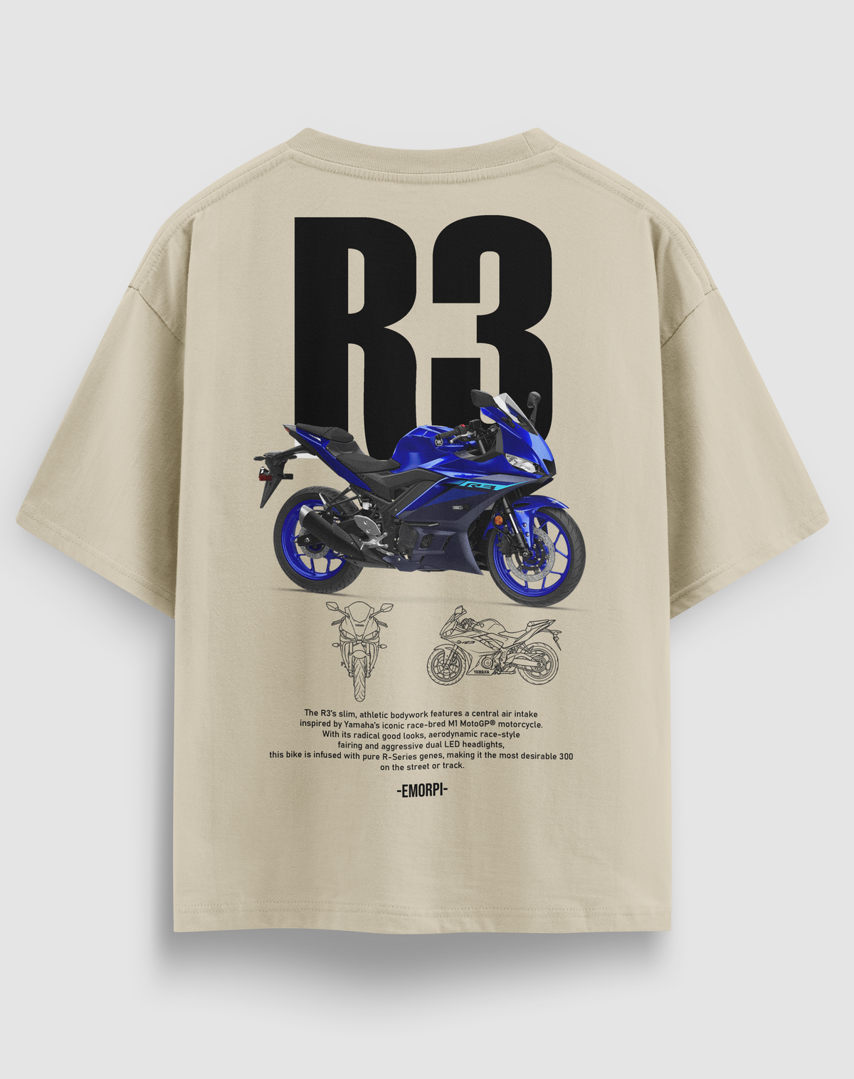 R3 baskılı motorcu tişört, bej, arkadan görünüm. Yamaha R3 çizimli sırt baskısı