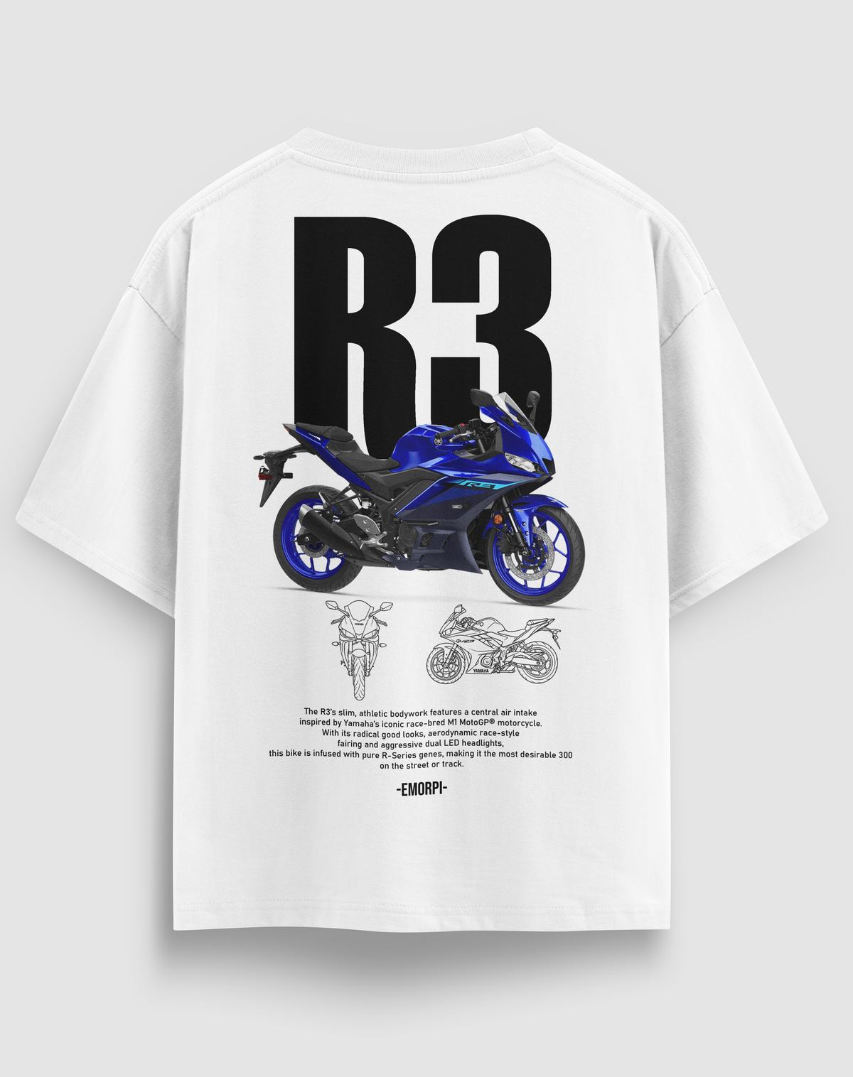 R3 baskılı motorcu tişört, beyaz, arkadan görünüm. Yamaha R3 çizimli sırt baskısı