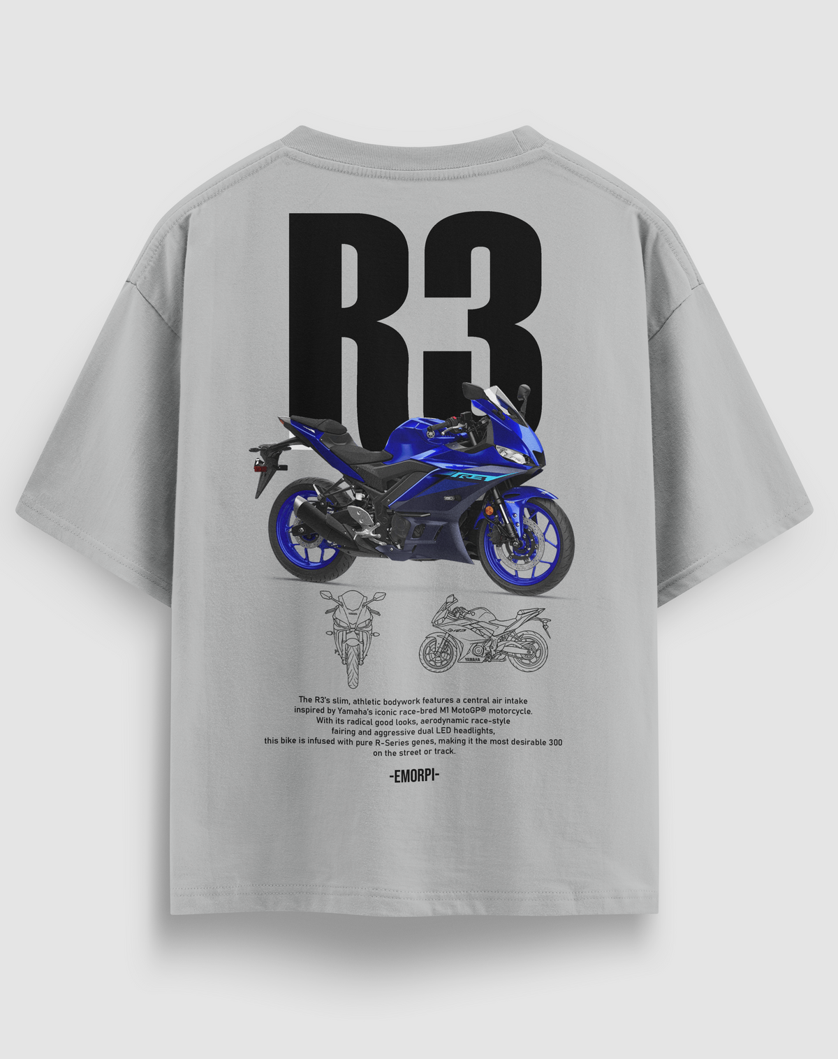 R3 baskılı motorcu tişört, gri, arkadan görünüm. Yamaha R3 çizimli sırt baskısı