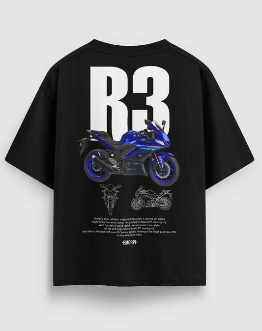 R3 baskılı motorcu tişört, siyah, arkadan görünüm. Yamaha R3 çizimli sırt baskısı