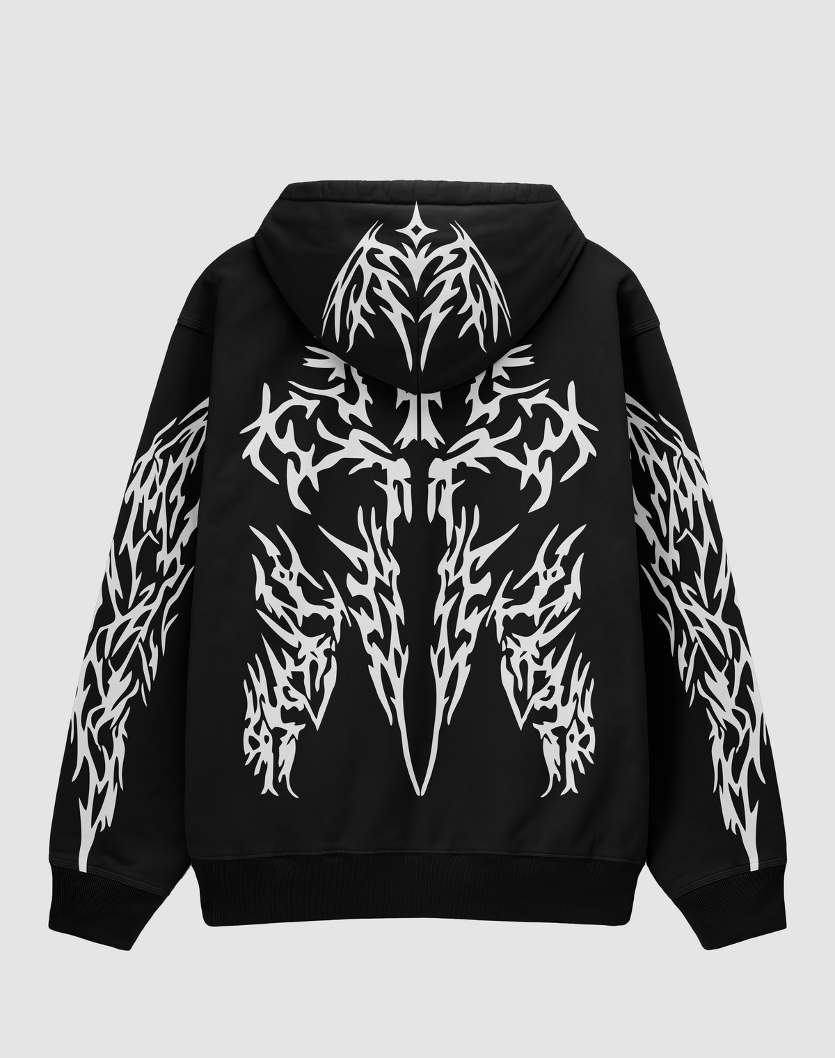 REBORN baskılı oversize hoodie, siyah, arkadan görünüm. Beyaz tribal kanat sırt ve kol baskısı