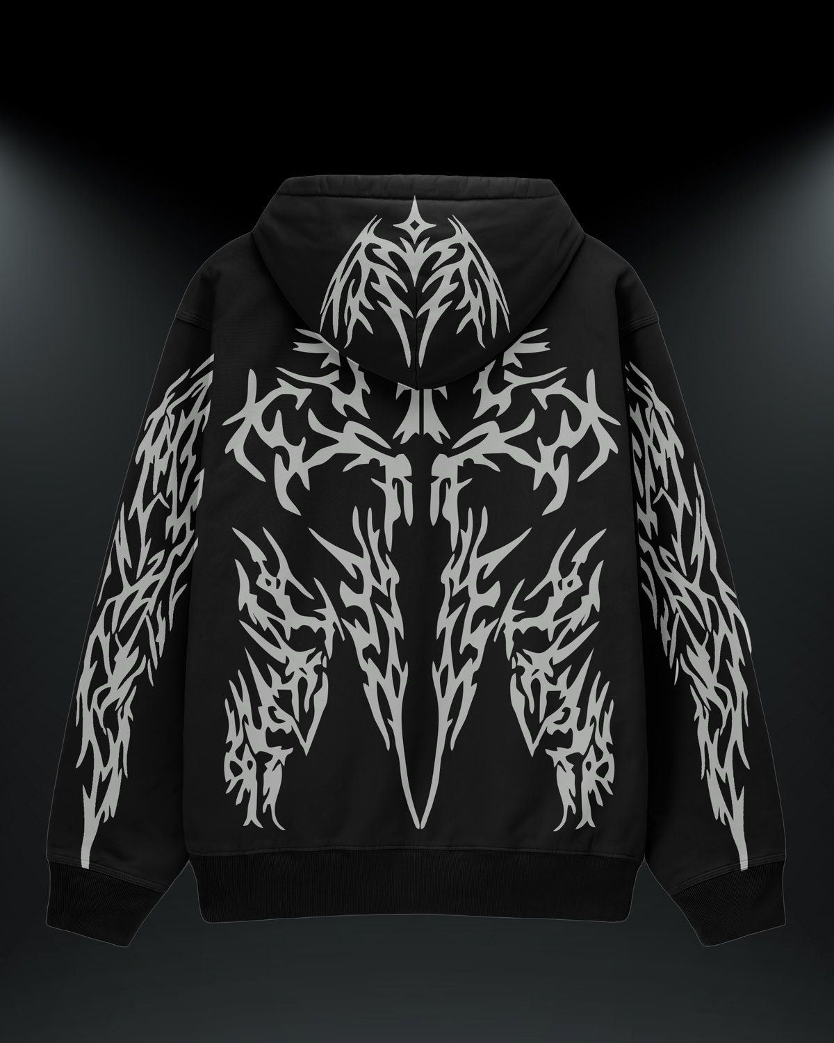 Reborn reflektörlü oversize motorcu hoodie, siyah, sırtta ve kollarda gotik desen baskı