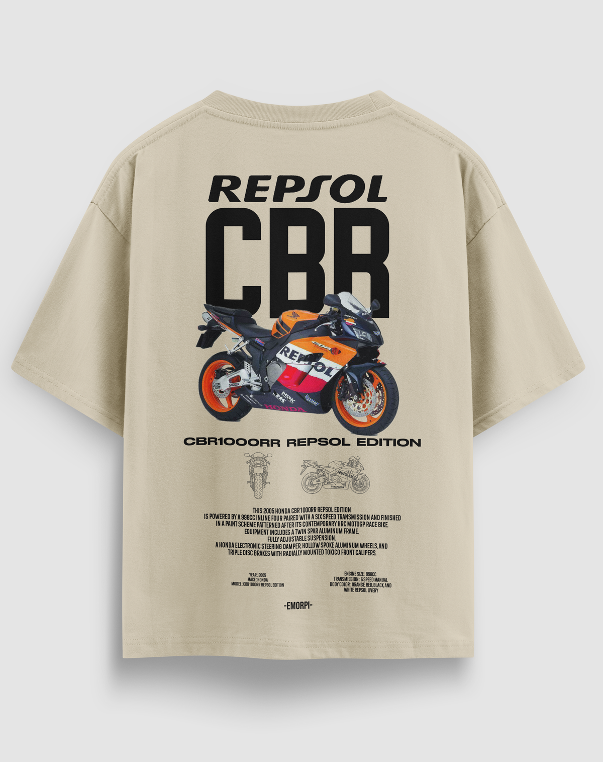 Repsol CBR baskılı motorcu tişört, bej, arkadan görünüm. Repsol renklerinde CBR1000RR çizimli sırt baskısı
