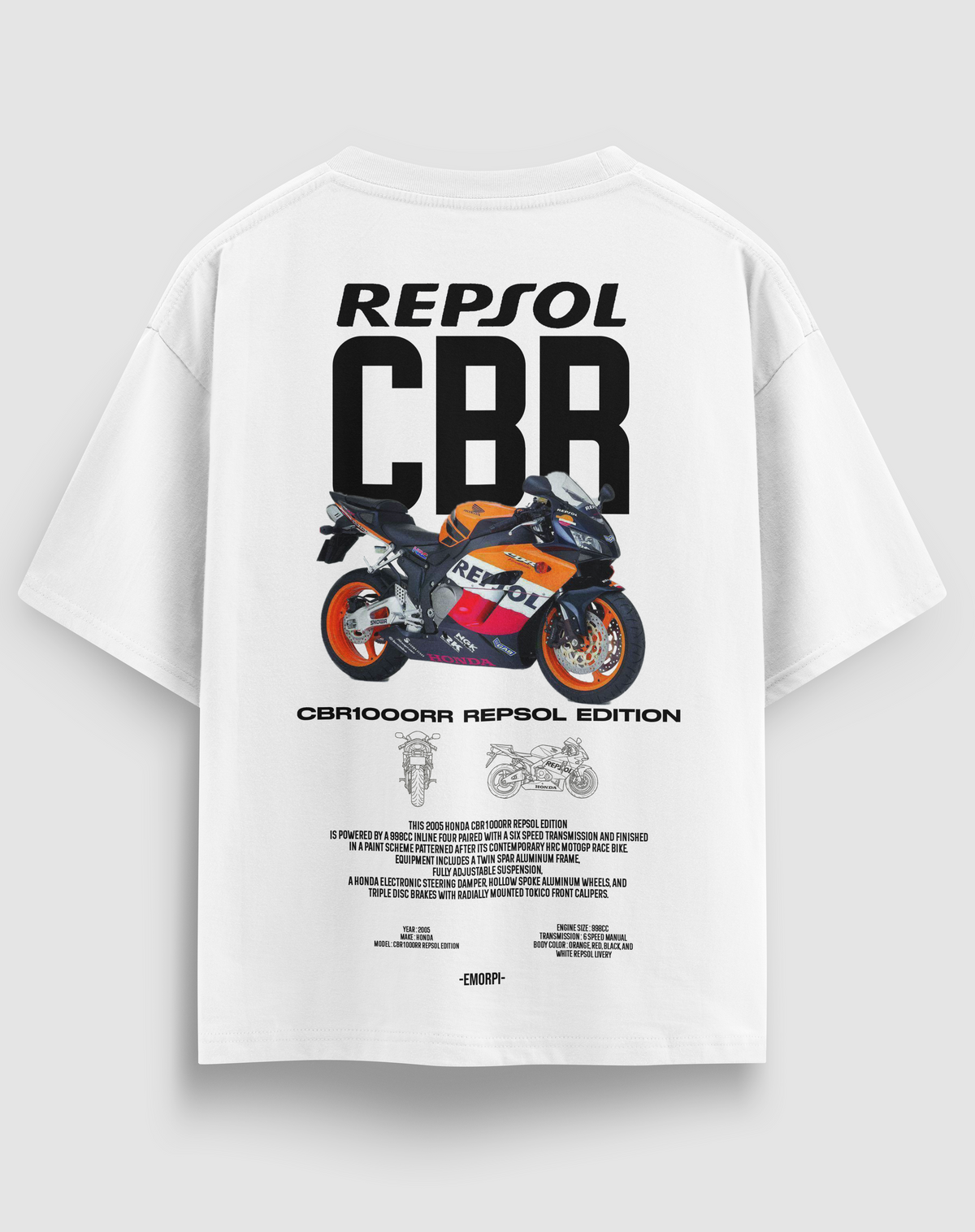 Repsol CBR baskılı motorcu tişört, beyaz, arkadan görünüm. Repsol renklerinde CBR1000RR çizimli sırt baskısı